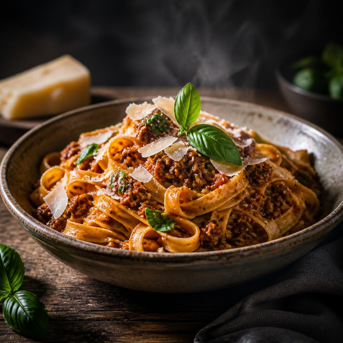Bord verse tagliatelle met ragù en parmezaan
